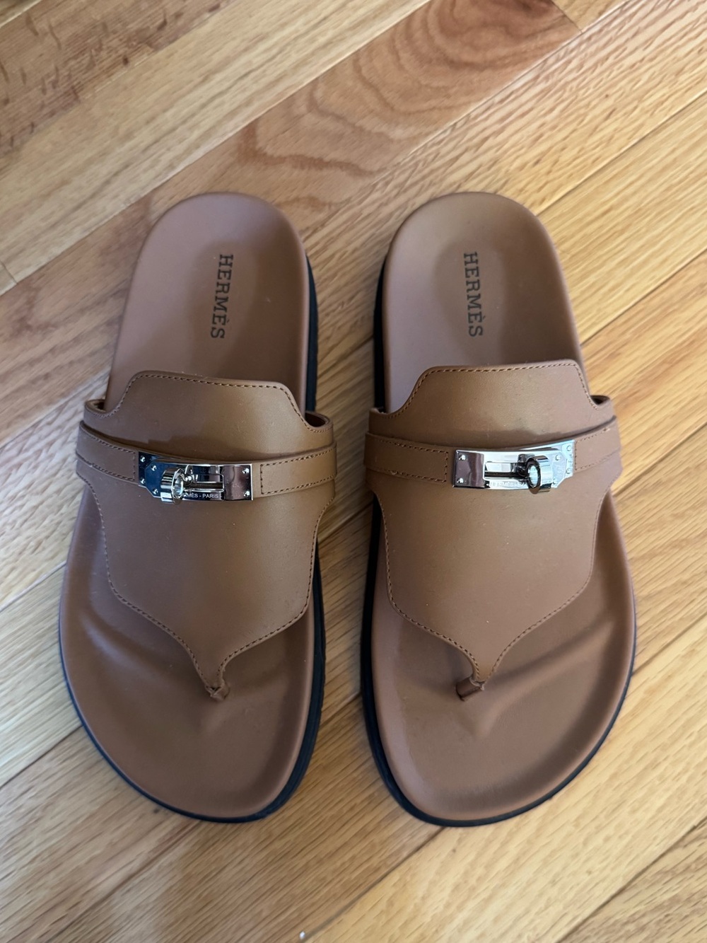 Hermes Tan Leather Slide Sandals with Silver Hardware